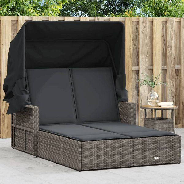 vidaXL Doppel-Sonnenliege mit Dach und Auflagen Grau Poly Rattan, 365809