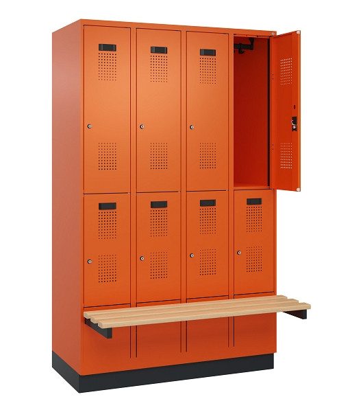 C+P Doppelstock-Spind Evolo PLUS, Bank, 8 Fächer, 1950x1200x815mm, 2004/2004, Zylinderschloss, Sitzfläche Buche-Hartholz, mit Sockel, 049340-40 S10050