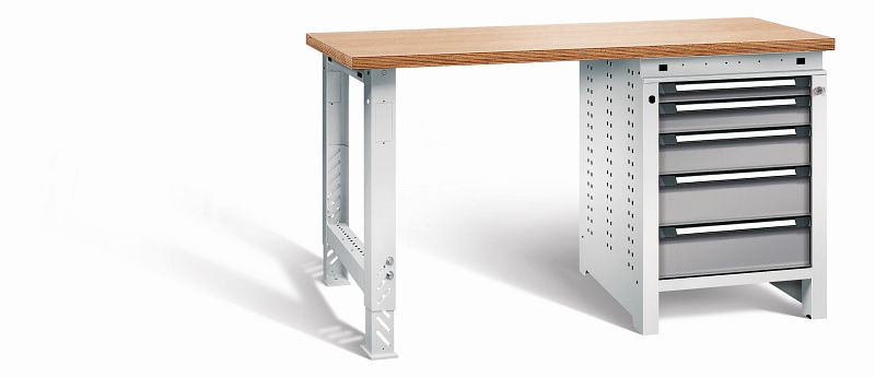 Otto Kind Werkbank function Typ 206, überstehende Multiplex-Arbeitsplatte, 1 Fußgestell, 1 Unterbau, Gehäuse RAL 7035, Front RAL 7037, 072194067