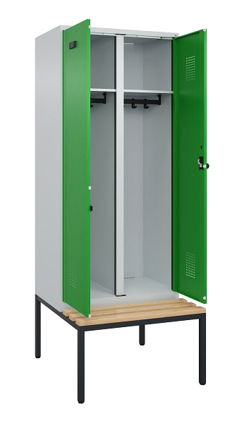 C+P Schwarz-Weiß-Spind Evolo PLUS, Bank, 2 Abteile, 2120x800x815mm, 7035/6037, Drehriegel, Sitzfläche Buche-Hartholz, Sitzbank, 0490527-22 S10011
