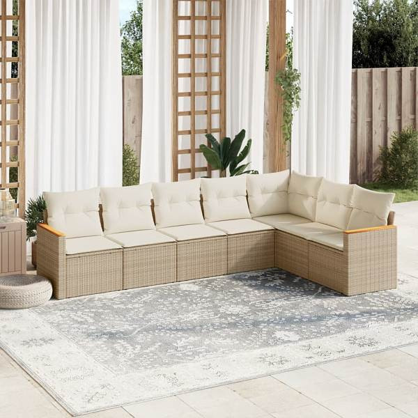 vidaXL 7-tlg. Garten-Sofagarnitur mit Kissen Beige Poly Rattan, UV-beständig, 3226030