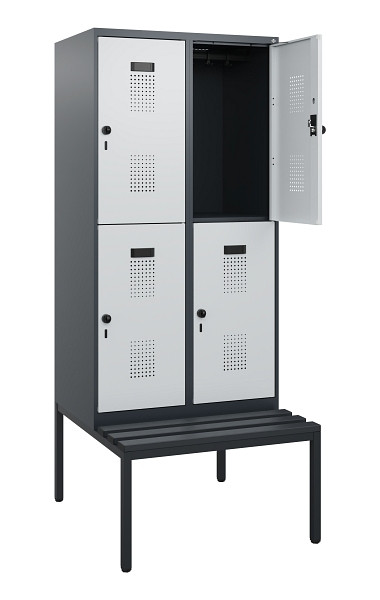 C+P Doppelstöckiger Spind Evolo PLUS, Bank, 4 Fächer, 1950x800x815mm, 7016/7035, Drehriegel, Sitzfläche Kunststoff, Sitzbank, 0493505-22 S10114