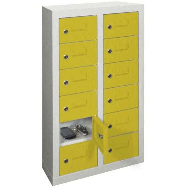 Deskin Kleinfachschrank 2 x 6 Fächer, Zinkgelb RAL 1018, 460 x 200 x 815 mm, mit Etikettenrahmen, 270374