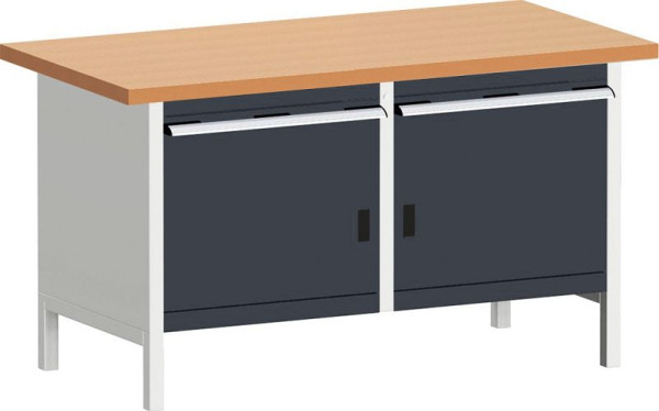 bott cubio Kastenwerkbank mit 2 Schubladen 2 Türen, Rotbuche-Arbeitsplatte BxTxH: 1500 x 750 x 840 mm, RAL 7035/7016, 41002029.19V