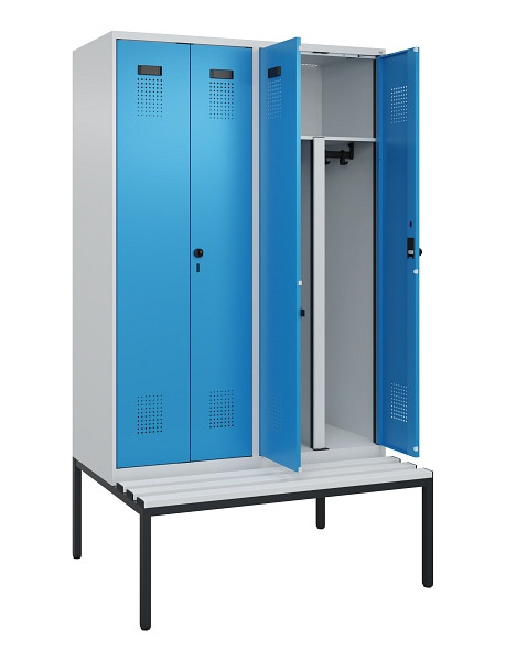 C+P PSA Doppel-Spind Evolo PLUS, Bank, 4 Abteile, 2120x1200x815mm, 7035/5012, Drehriegel, Sitzfläche Kunststoff, Sitzbank, 0490527-40P S10061