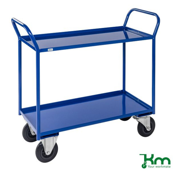 Kongamek Etagenwagen mit 2 Böden, vollständig geschweißt, 1080 x 450 x 1000 mm, Blau, 2 Bockrollen 2 Lenkrollen mit Bremse, KM4133-BB
