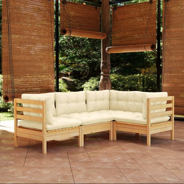 vidaXL 4-teilig Garten-Lounge-Set mit Creme Kissen Kiefernholz, 3096370