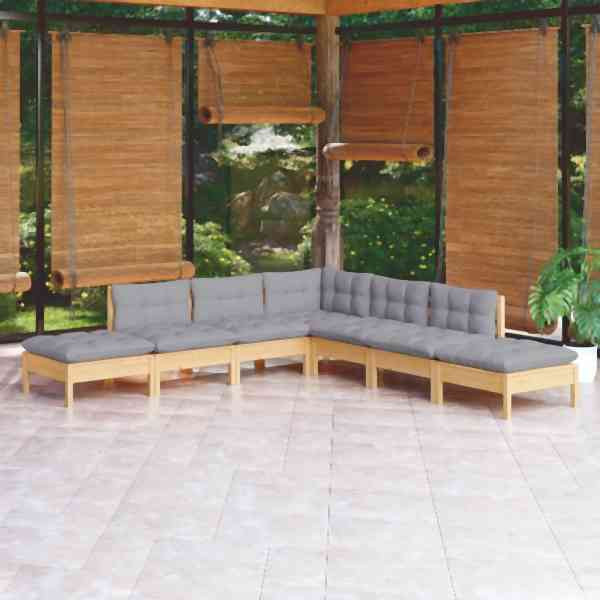 vidaXL 7-tlg. Garten-Lounge-Set mit Grauen Kissen Kiefernholz, 3096321