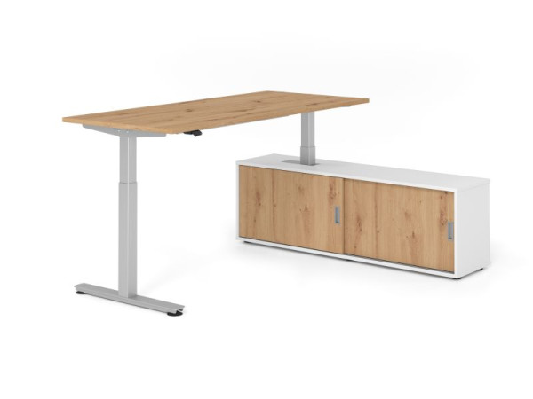 Hammerbacher Schreibtisch XMST19, 180x80cm, Platte: Asteiche, T-Fuß Gestell Silber, Höhe: 71 - 120 cm, Weiß / Asteiche, VXMST19SB/R/S/W/R