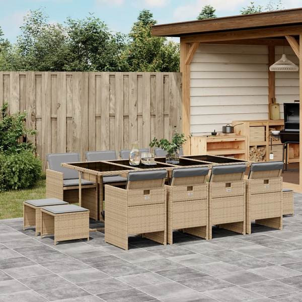 vidaXL 13-tlg. Garten-Essgruppe mit Kissen Beigemischung Poly Rattan, UV-beständig, 3277751
