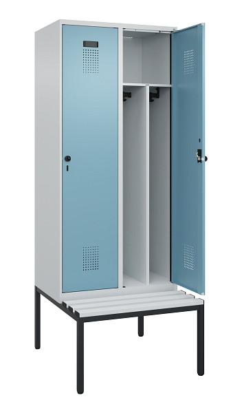 C+P Spind Evolo PLUS, 2 Abteile, 2120x800x815mm, 7035/0010, Haken 4, Drehriegel, Sitzfläche Kunststoff, Sitzbank, Trennwand, 0490507-22F S10063
