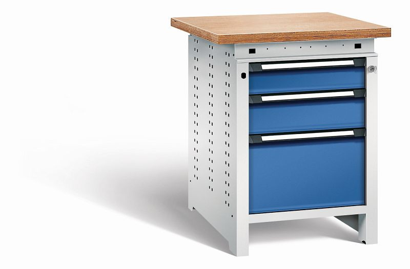 Otto Kind Werkbank Serie function Typ 106, Multiplexplatte, überstehend, 3 Schubladen, mit Zentralverschluss, Gehäuse RAL 7035, Front RAL 5010, 072323286