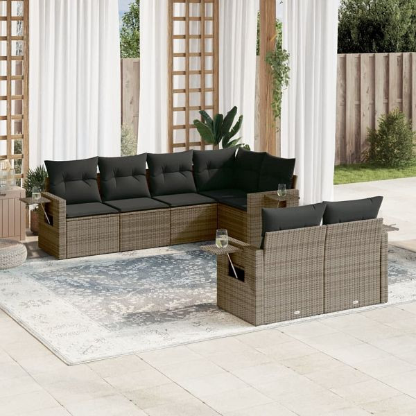 vidaXL 7-teilig Garten-Sofagarnitur mit Kissen Grau Poly Rattan, 3252747