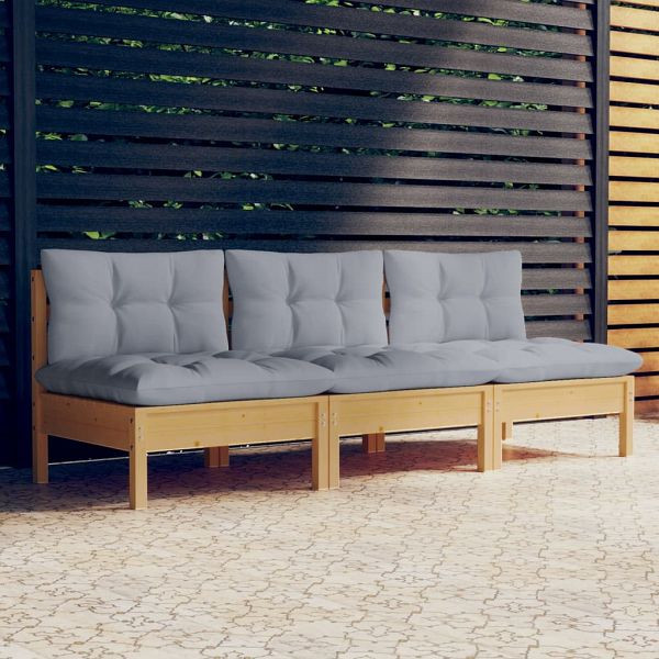 vidaXL 3-Sitzer-Gartensofa mit Grauen Kissen Massivholz Kiefer, 3096075