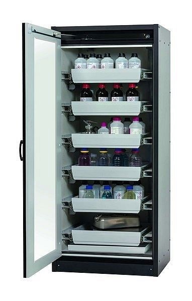 asecos Sicherheitsschrank Q-DISPLAY-30, Q30.195.086.WDFW in lichtgrau RAL 7035 mit 6x Auszugswanne Standard (Stahlblech), 32781-061-30055