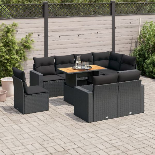vidaXL 9-tlg. Garten-Sofagarnitur mit Kissen Schwarz Poly Rattan, 3327051