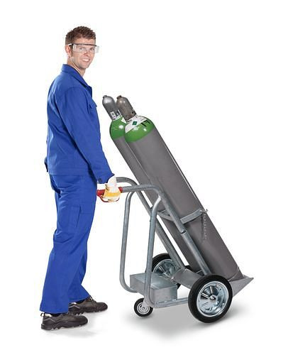 DENIOS Stahlflaschenwagen GFR-L, für 2 Gasflaschen (Ø 250 mm), Stützrad, Vollgummi, 115208