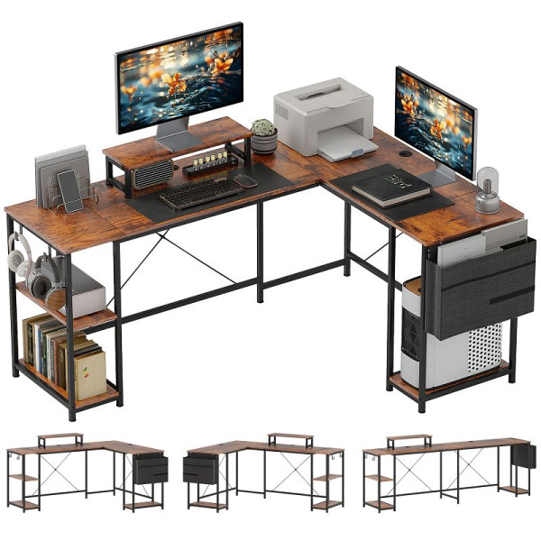 HOMCOM Modularer, umkehrbarer Eck-Schreibtisch 168-240 cm im Industrie-Stil, höhenverstellbares Regal, Aufbewahrungstasche, Bildschirmständer, 920-097V80RB