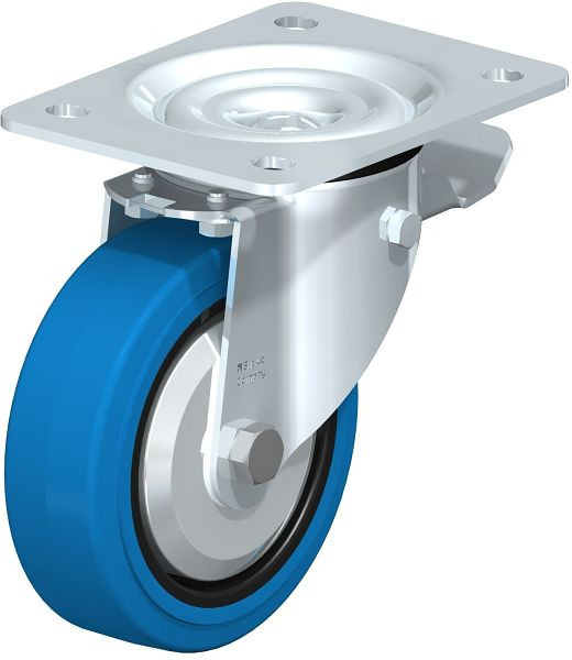 Blickle LK-POEV 125KD-3-ST-SB-FA Stahlblech-Lenkrolle, schwere Ausführung, mit Anschraubplatte & Feststeller, Elastik-Vollgummi, Blau, 851162