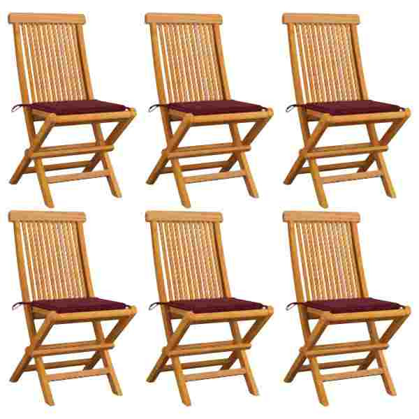 vidaXL Gartenstühle mit Weinroten Kissen 6 Stück Massivholz Teak, 3065599