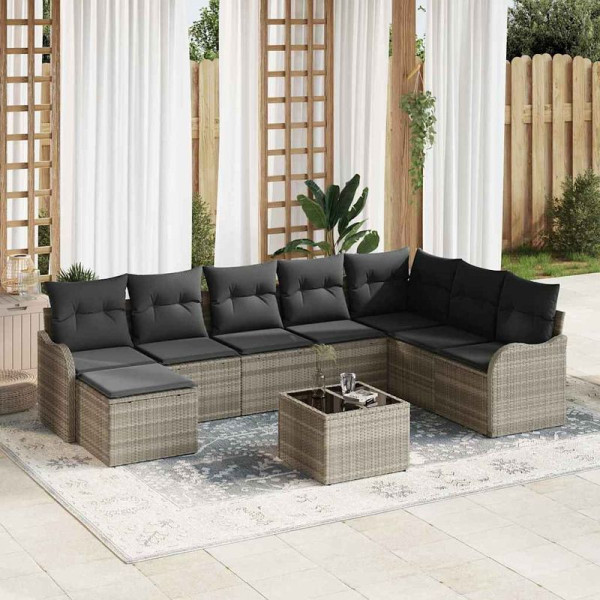 vidaXL Garten-Sofa-Set mit Kissen, 9er Set, Hellgrau Poly Rattan, 3354501