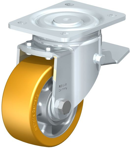 Blickle LH-ALTH 127K-ST Stahlblech-Lenkrolle, Schwerlast-Ausführung, mit Anschraubplatte & Feststeller, Blickle Extrathane®, Hellbraun, 440388