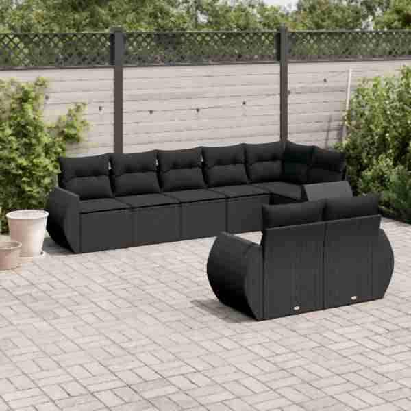 vidaXL 8-tlg. Garten-Sofagarnitur mit Kissen Schwarz Poly Rattan, UV-beständig, 3221614