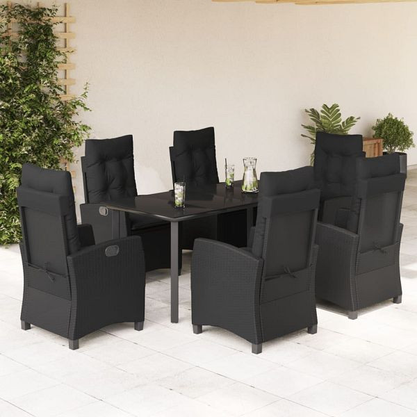 vidaXL 7-teilig Garten-Essgruppe mit Kissen Schwarz Poly Rattan, 3212757