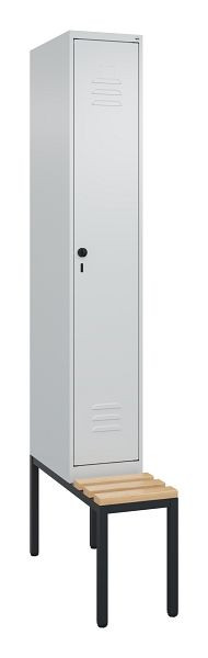 C+P Umkleidespind Classic PLUS mit Mitteltrennwand, Bank, 2120x300x815mm, 7035/7035, Drehriegel, Buche-Sitzleisten, 0800507-10F S10009