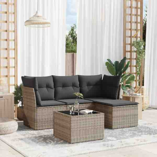 vidaXL 5-tlg. Garten-Sofagarnitur mit Kissen Grau Poly Rattan, UV-beständig, 3217550
