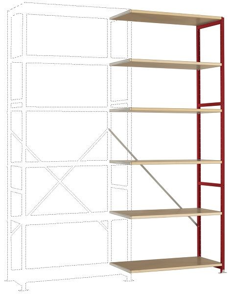 Manuflex Mittelschweres Fachboden-Steckregal Anbauregal mit 6 Holzverbundböden, HxBxT = 2500 x 1000 x 300 mm, rubinrot, RP1405.3003