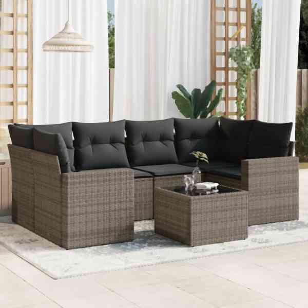vidaXL 7-tlg. Garten-Sofagarnitur mit Kissen Grau Poly Rattan, UV-beständig, 3218710