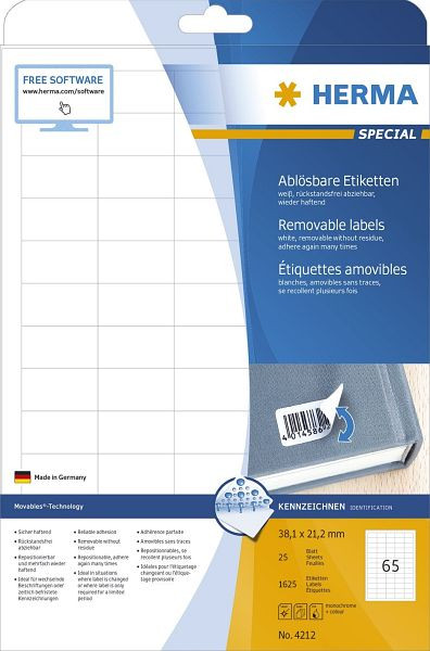 HERMA 4212 Universaletiketten A4, 38,1 x 21,2 weiß, 4212