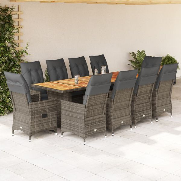 vidaXL 11-teilig Garten-Bistro-Set mit Kissen Grau Poly Rattan, 3277239