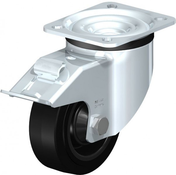 Blickle LK-POEV 100KD-1-FI Stahlblech-Lenkrolle, schwere Ausführung, mit Anschraubplatte & Feststeller, Elastik-Vollgummi, Schwarz, 850953