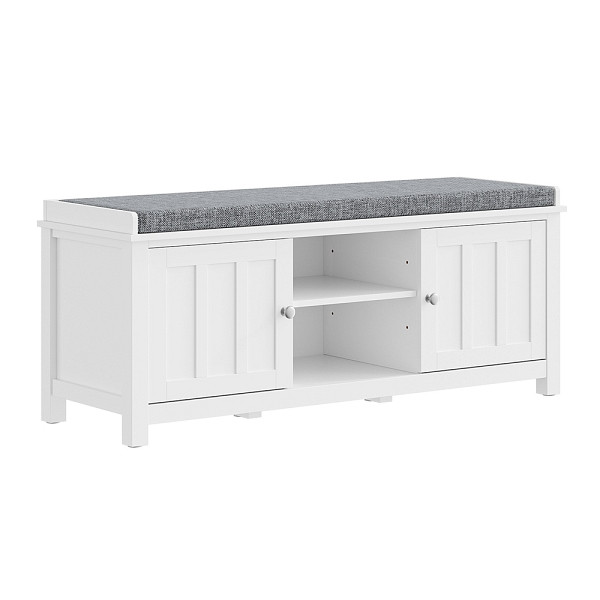 SoBuy Schuhbank in Weiß mit Sitzkissen, Sitzbank mit Stauraum und zwei Türen, Flurmöbel aus Spanplatte, 105×35×43 cm, Tragkraft 249 kg, FSR35-II-W