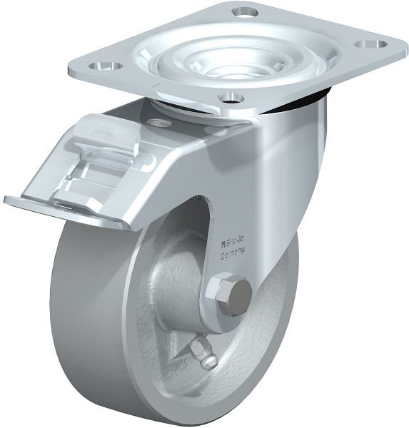 Blickle L-G 100G-FI Stahlblech-Lenkrolle, mittelschwere Ausführung, mit Anschraubplatte & Feststeller, Guss, Grau, 263145