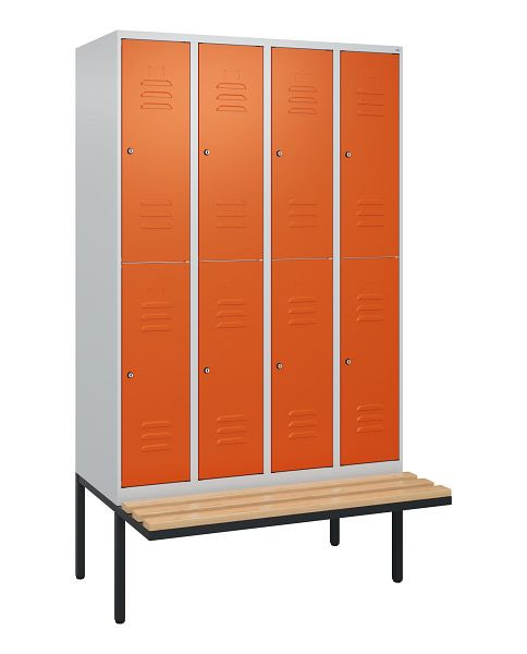 C+P Doppelstöckiger Spind Classic PLUS, 4 Abteile, 2120x1200x815mm, 7035/2004, Zylinderschlösser, Buche-Sitzleisten, Sitzfläche, 0803407-40 S10182