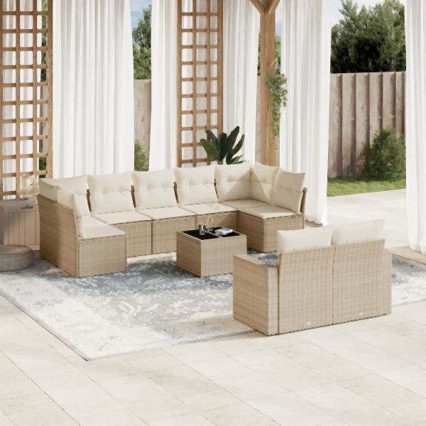 vidaXL 10-tlg. Garten-Sofagarnitur mit Kissen Beige Poly Rattan, 3219418