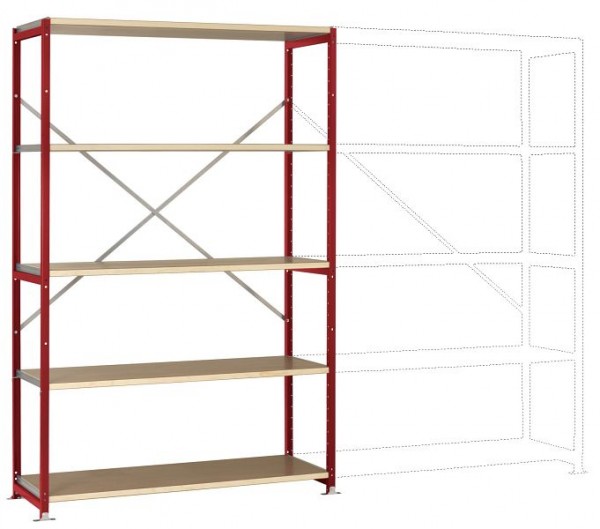 Manuflex Breitfach-Steckregal Grundregal mit 5 Holzverbundböden, HxBxT = 2000 x 1280 x 400 mm, rubinrot, RP1026.3003