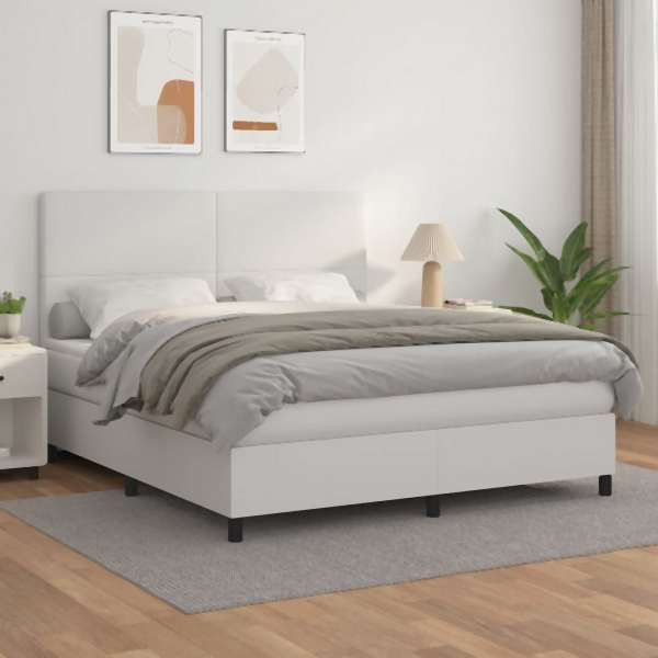 vidaXL Boxspringbett mit Matratze Weiß 160x200 cm Kunstleder, 3142732