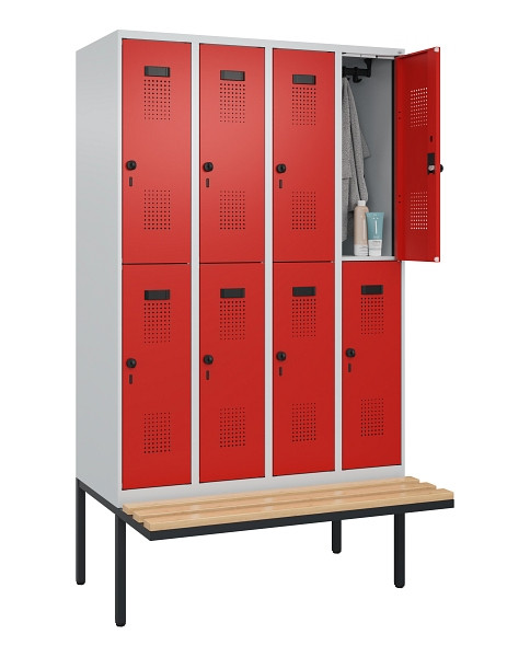 C+P Doppelstock-Spind Evolo PLUS, Bank, 8 Fächer, 2120x1200x815mm, 7035/3020, Drehriegel, Sitzfläche Buche-Hartholz, 0493407-40 S10005