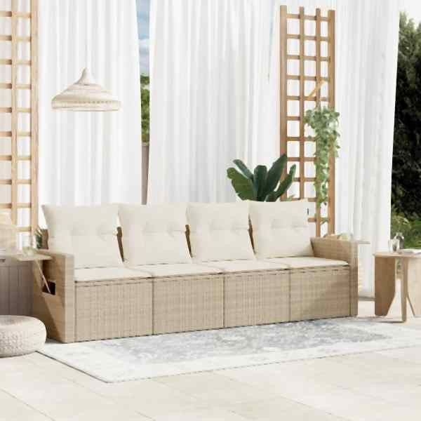 vidaXL 4-tlg. Garten-Sofagarnitur mit Kissen Beige Poly Rattan, UV-beständig, 3252215