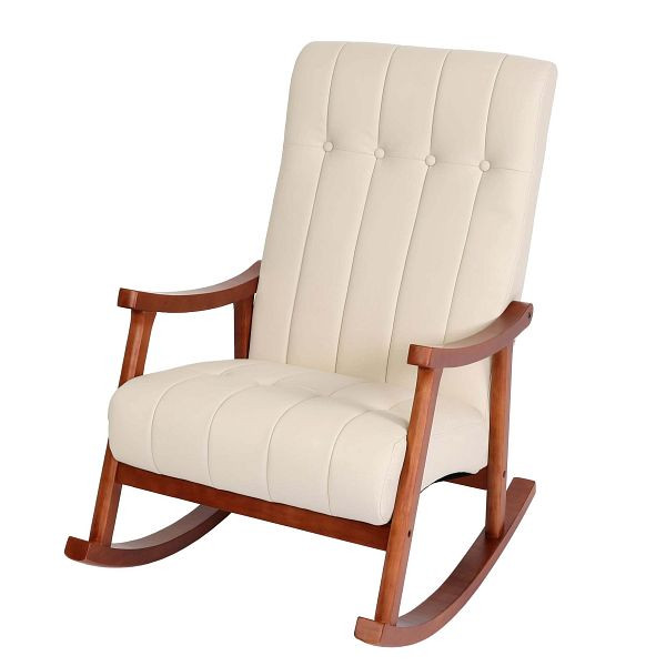 Mendler Schaukelstuhl HWC-K10, Schaukelsessel Schwingstuhl Relaxsessel, Kunstleder creme, Gestell Walnuss-Optik, 86625