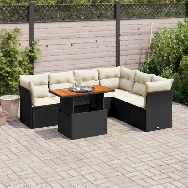 vidaXL 7-tlg. Garten-Sofagarnitur mit Kissen Schwarz Poly Rattan, 3326933