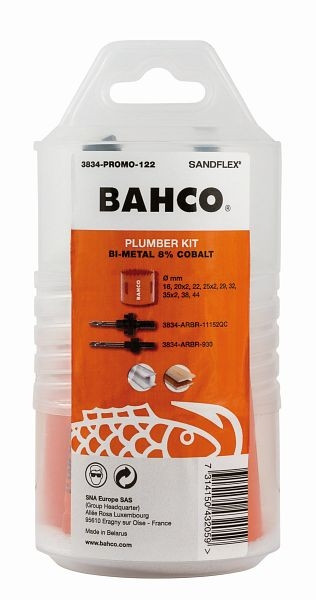 Bahco Lochsägen-Satz "Sanitär", 4-teilig (bestehend aus 12x Lochsägen Ø16, 20(2x), 22, 25(2x), 29, 32, 35(2x), 38, 34, 2x Aufnahmeschaft), 3834-PROMO-122
