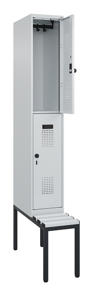 C+P Doppelstock-Spind Evolo PLUS, Bank, 2 Fächer, 2120x300x815mm, 7035/7035, Drehriegel, Sitzfläche Kunststoff, Sitzbank, 0493507-10 S10094