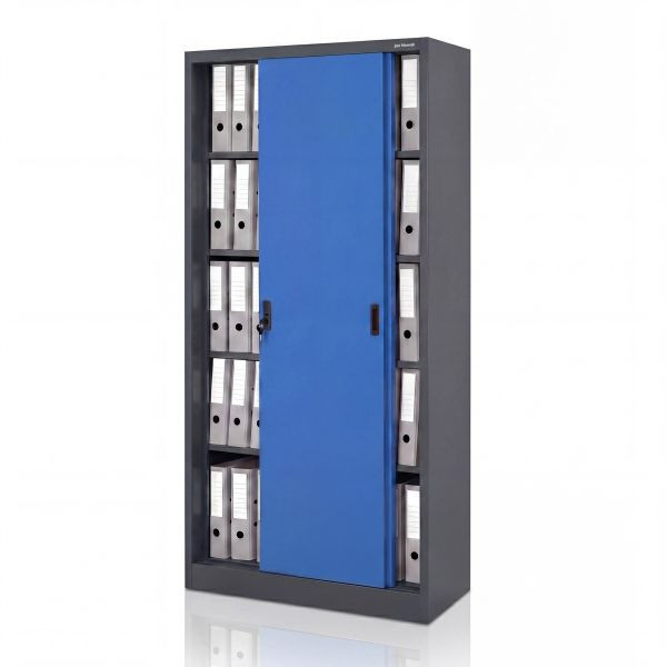 Jan Nowak Metall-Büroschrank mit Schiebetüren, Anthrazit-Blau, 900x1850x400 mm, KUBA, 2293