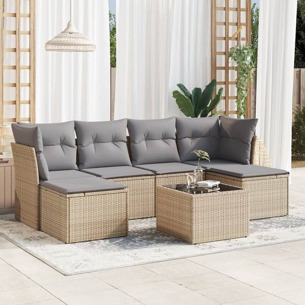 vidaXL 7-tlg. Garten-Sofagarnitur mit Kissen Beige Poly Rattan, 3218019