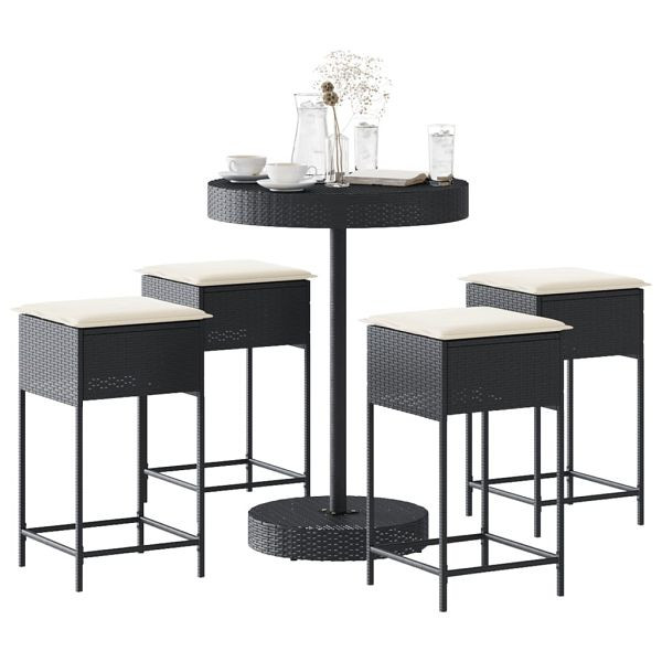 vidaXL 5-teilig Gartenbar-Set mit Kissen Schwarz Poly Rattan, 3261444
